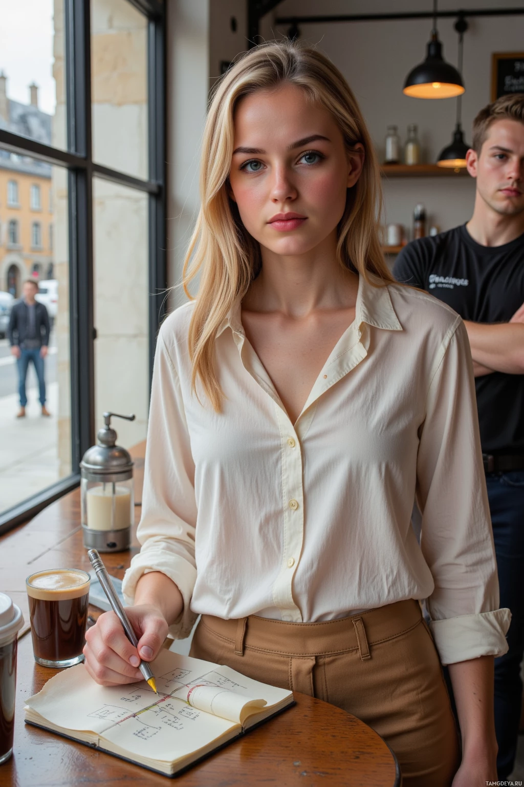 A woman in a beige blouse and khaki pants is writing in a notebook at a café table.