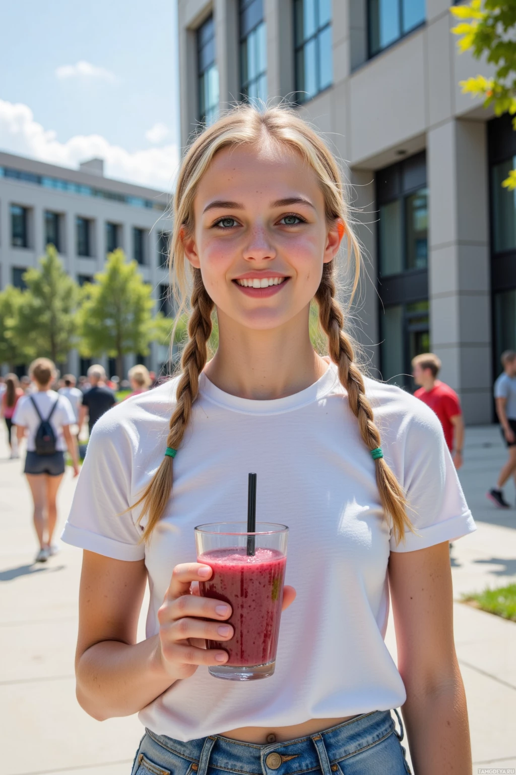 A person with braided hair holds a glass of red smoothie in an outdoor setting.