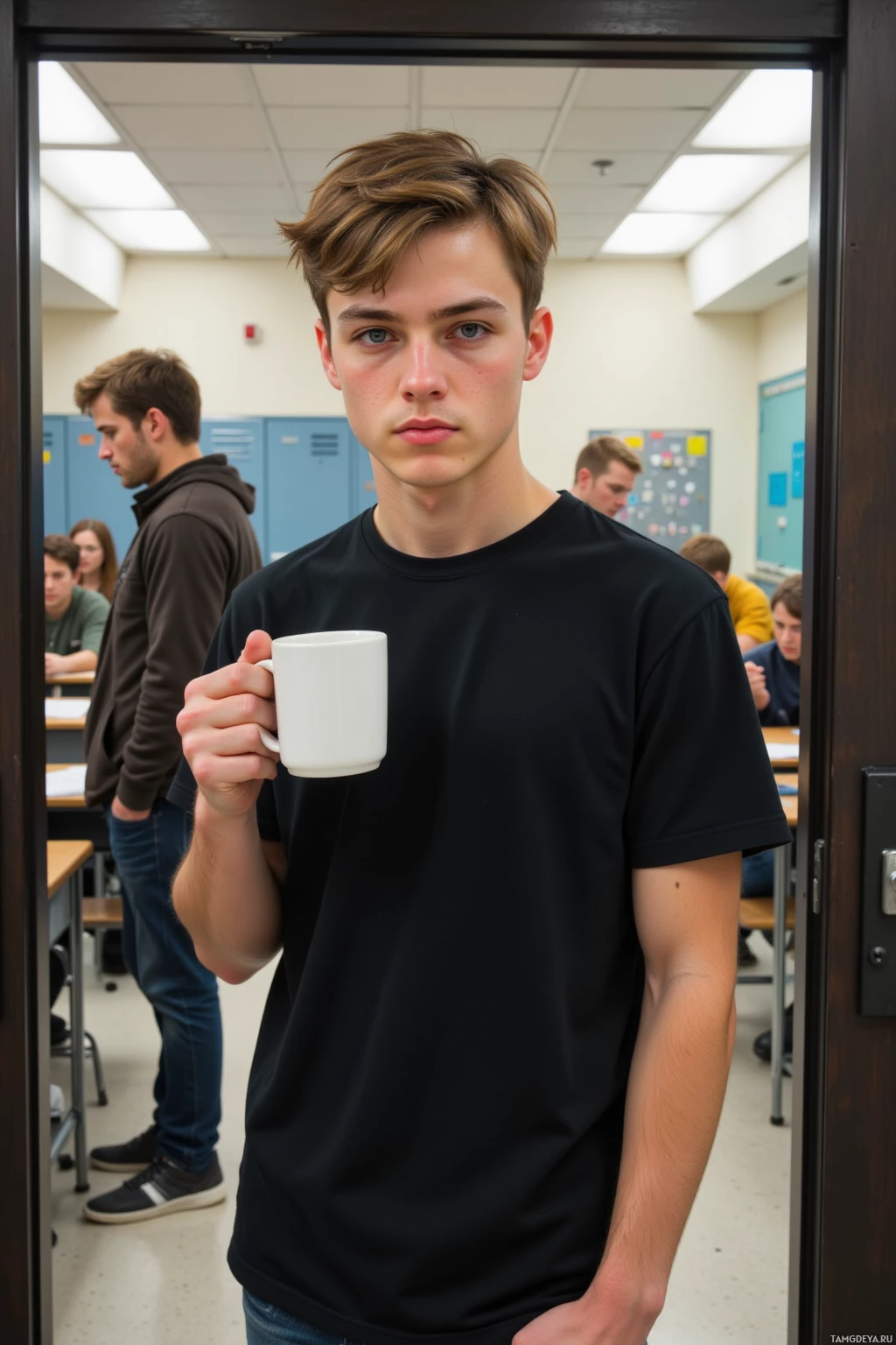 A young man in a classroom holds a white mug, with other students in the background.