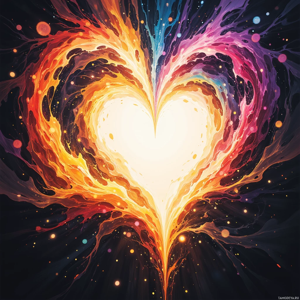 A vibrant, abstract heart shape with swirling colors and glowing particles against a dark background.