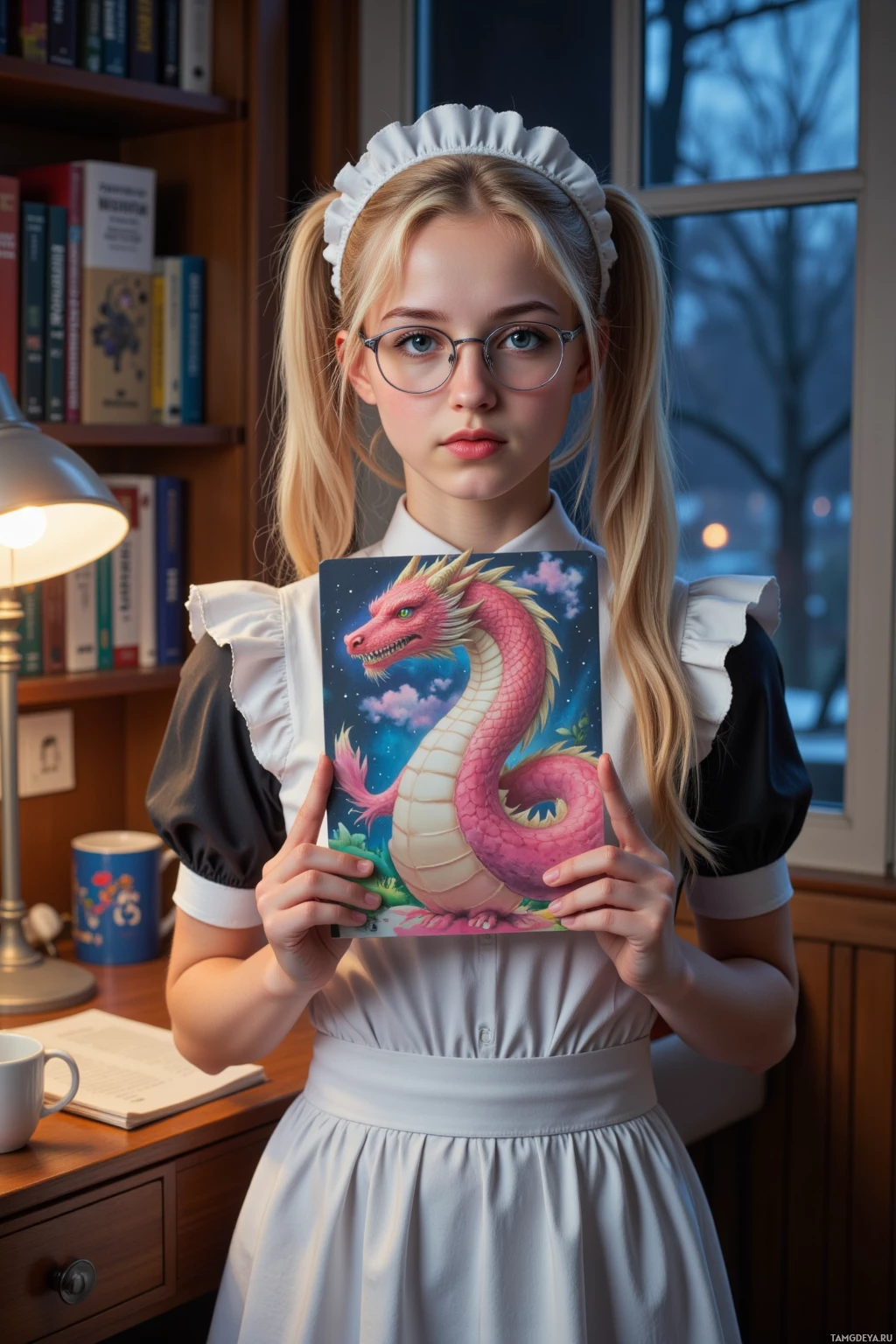 A young girl in a maid outfit holds a book featuring a dragon illustration.
