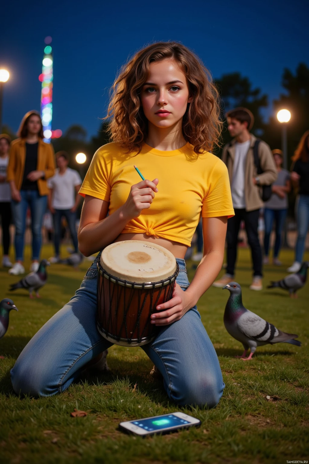 A person in a yellow shirt and jeans kneels on grass, holding a drum, with pigeons and a group of people in the background.