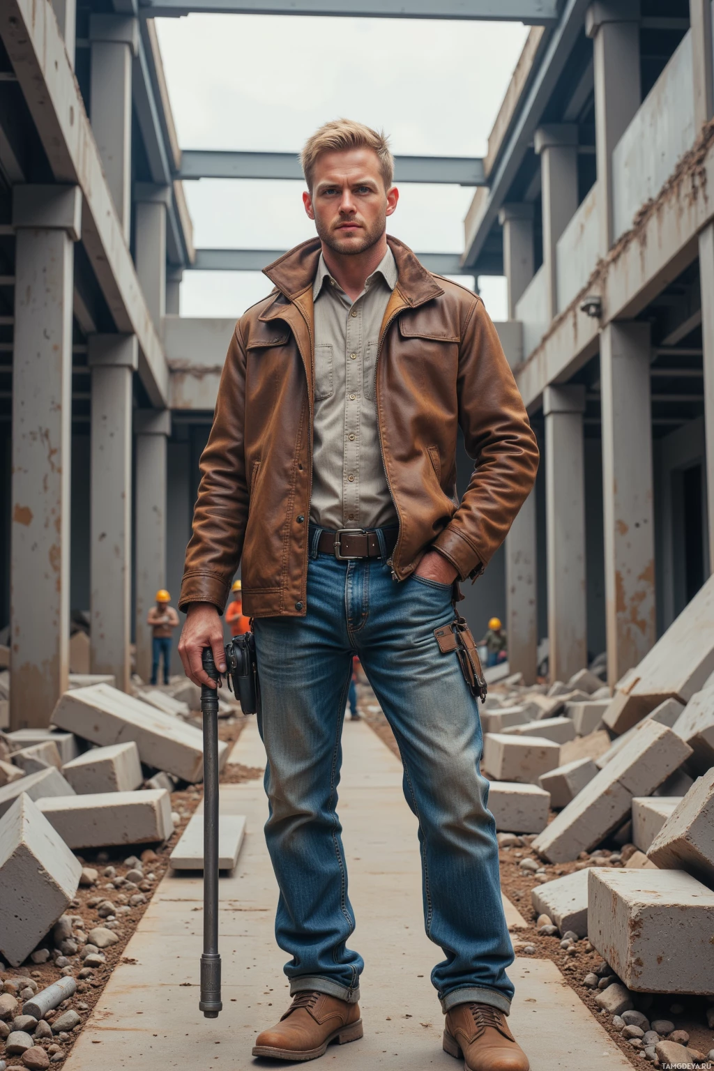 A man stands in a construction area wearing a brown leather jacket, jeans, and boots, holding a tool.