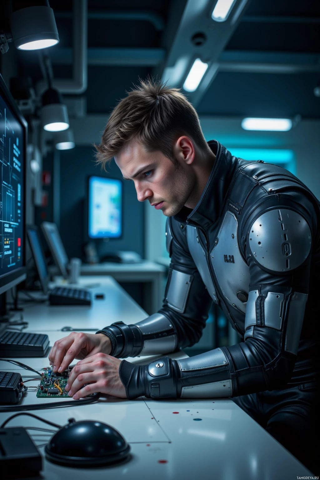 A person in a futuristic suit works on a computer in a high-tech environment.