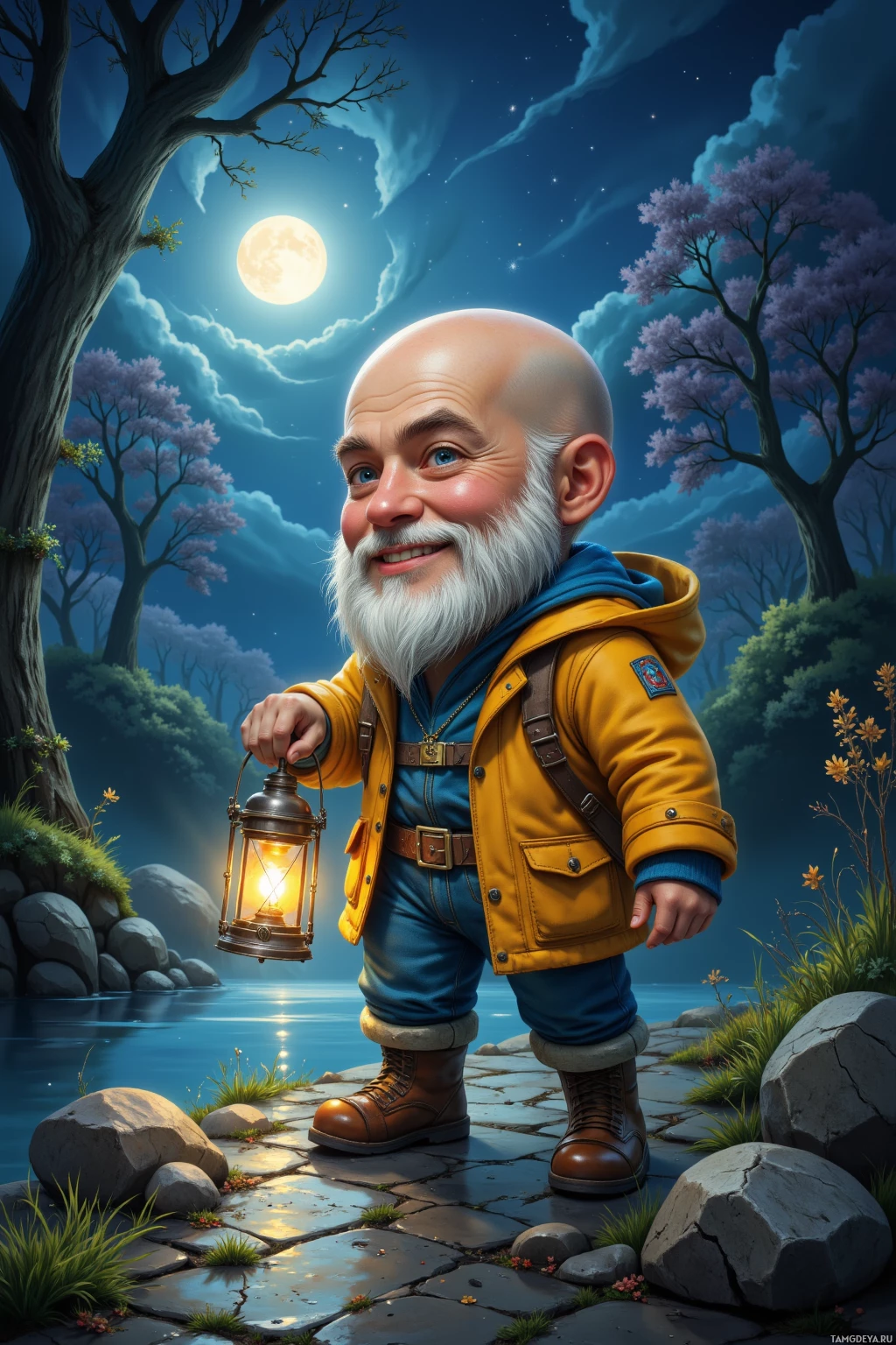 A cheerful, bearded man in a yellow jacket holds a lantern by a serene lakeside under a starry night sky.