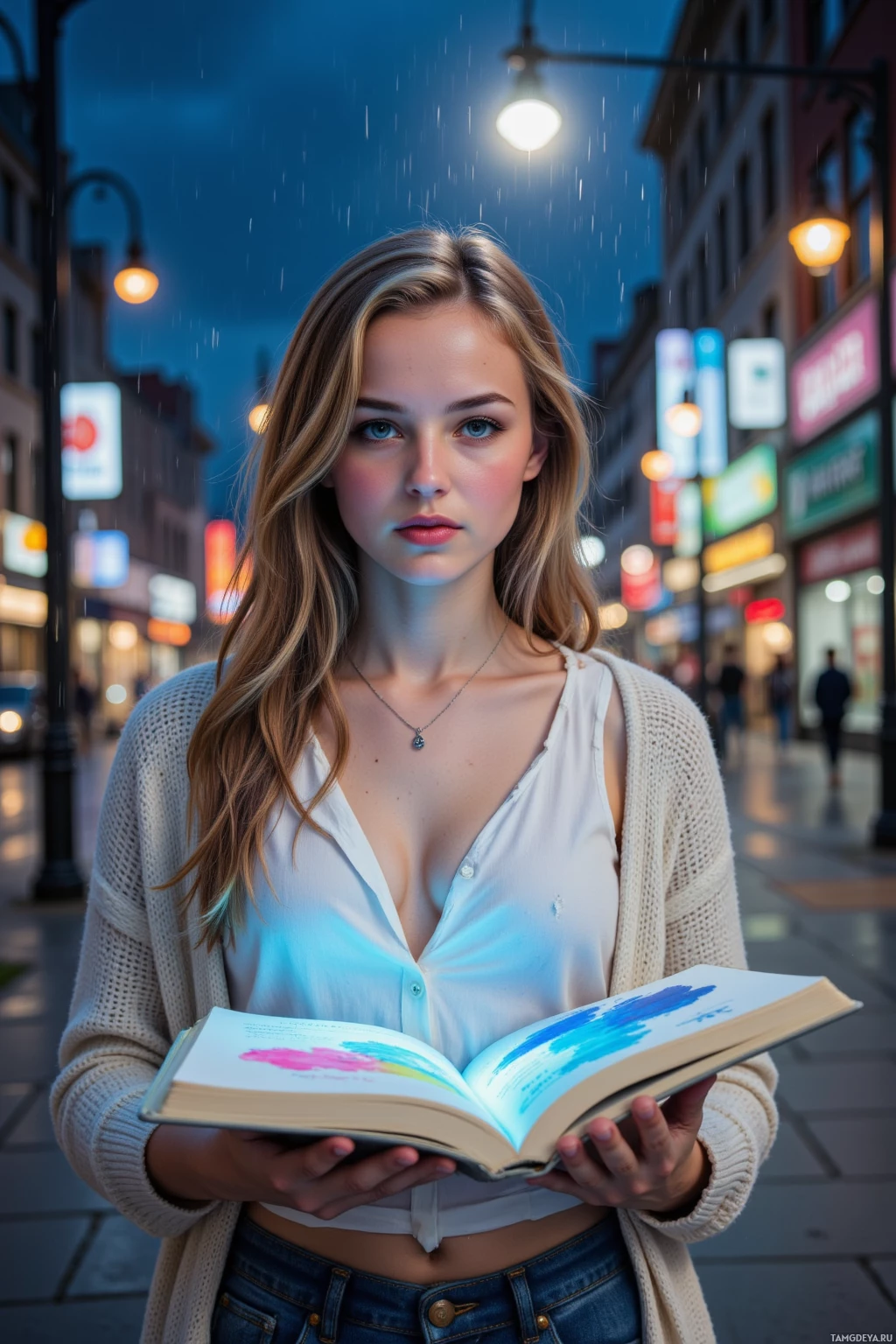 A woman stands on a rainy city street holding an open book.