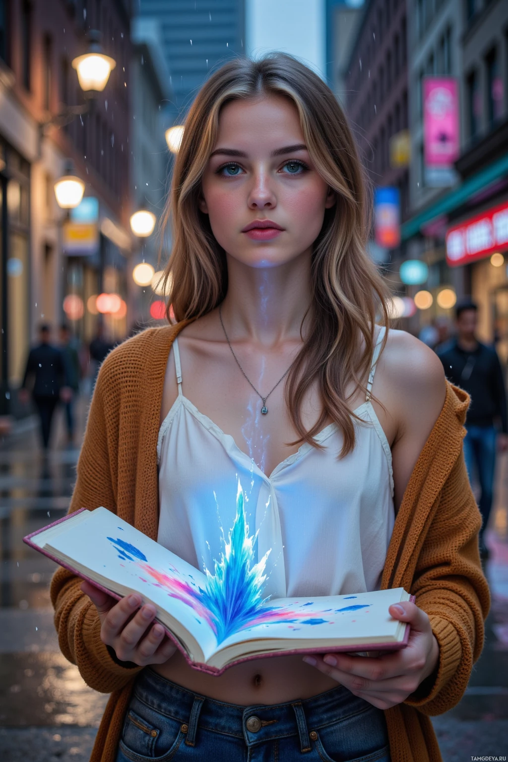 A person stands in a city alley holding an open book with glowing, colorful pages.