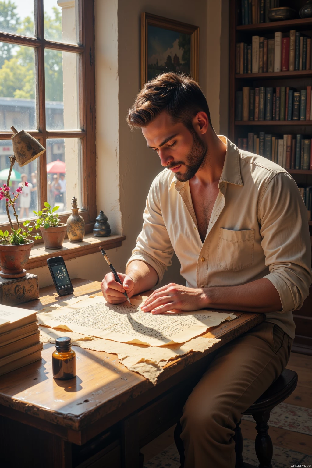 A man sits at a desk in a sunlit room, writing on a piece of paper with a quill.