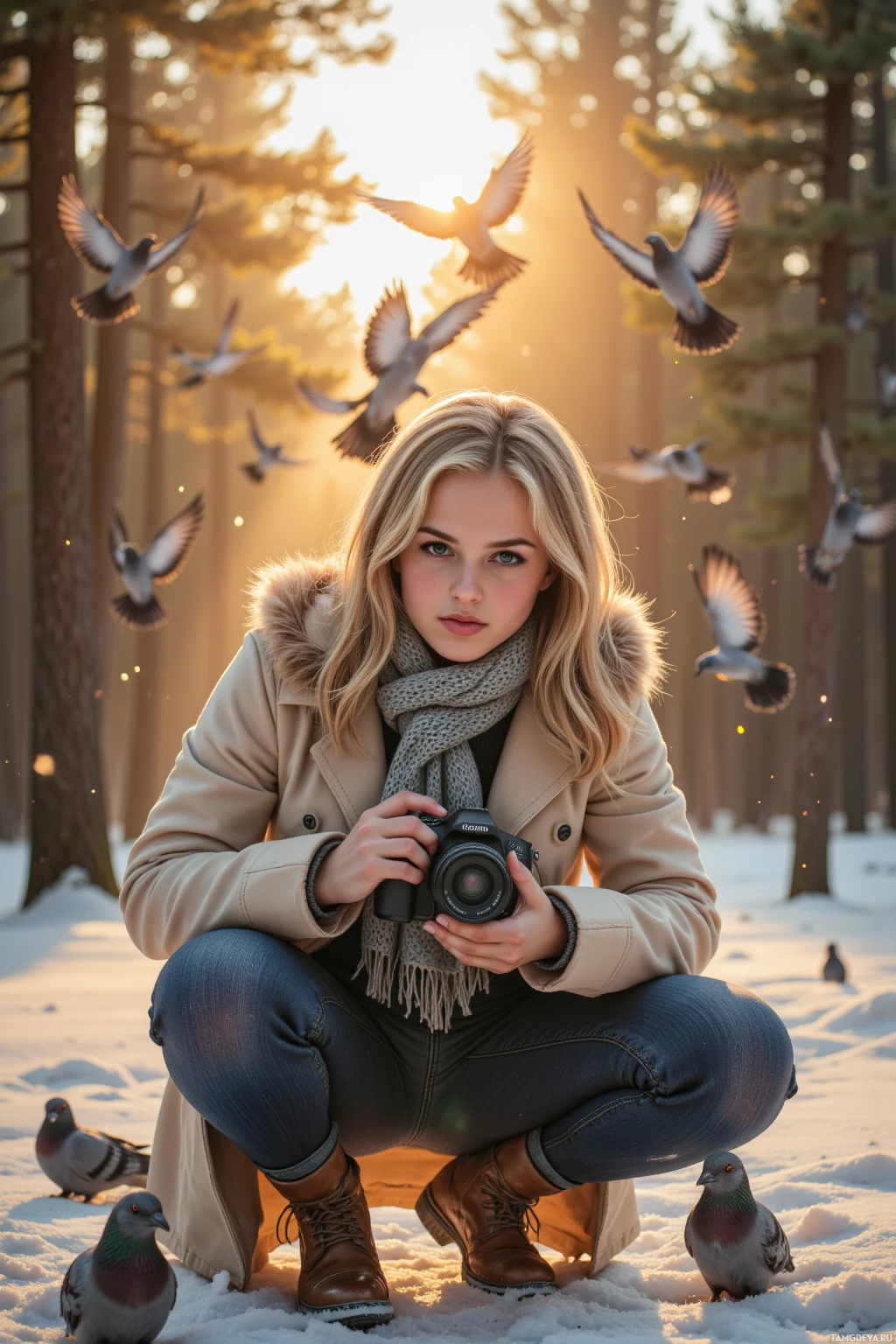 A person crouches in a snowy forest, holding a camera, with pigeons flying around.
