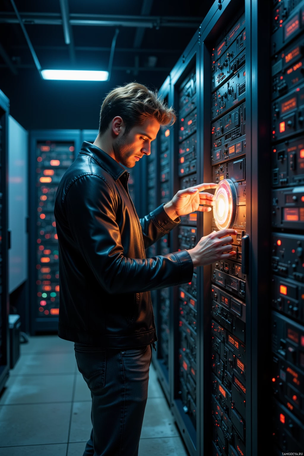 A man in a leather jacket stands in a server room, interacting with a control panel.