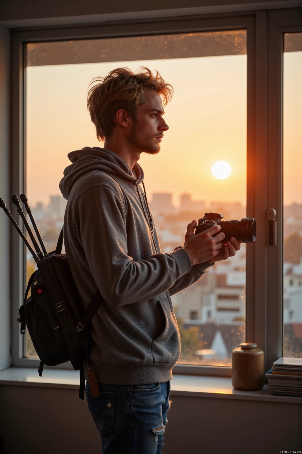 A person stands by a window, holding a camera, with a cityscape and sunset in the background.