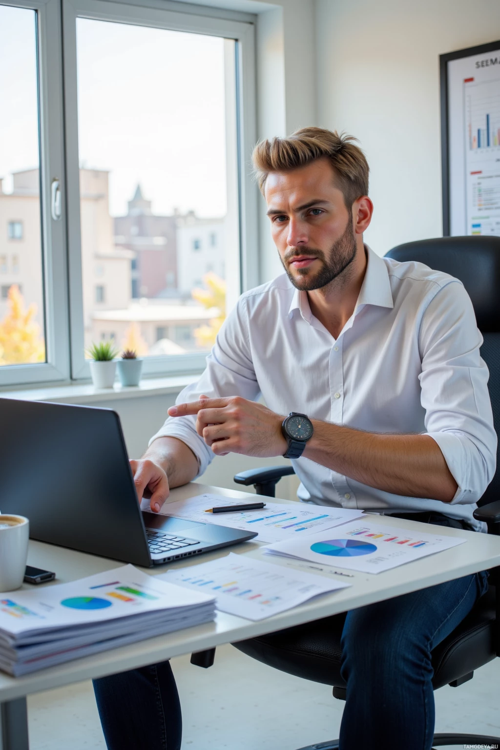 A man in a white shirt sits at a desk with a laptop and documents, looking out a window.