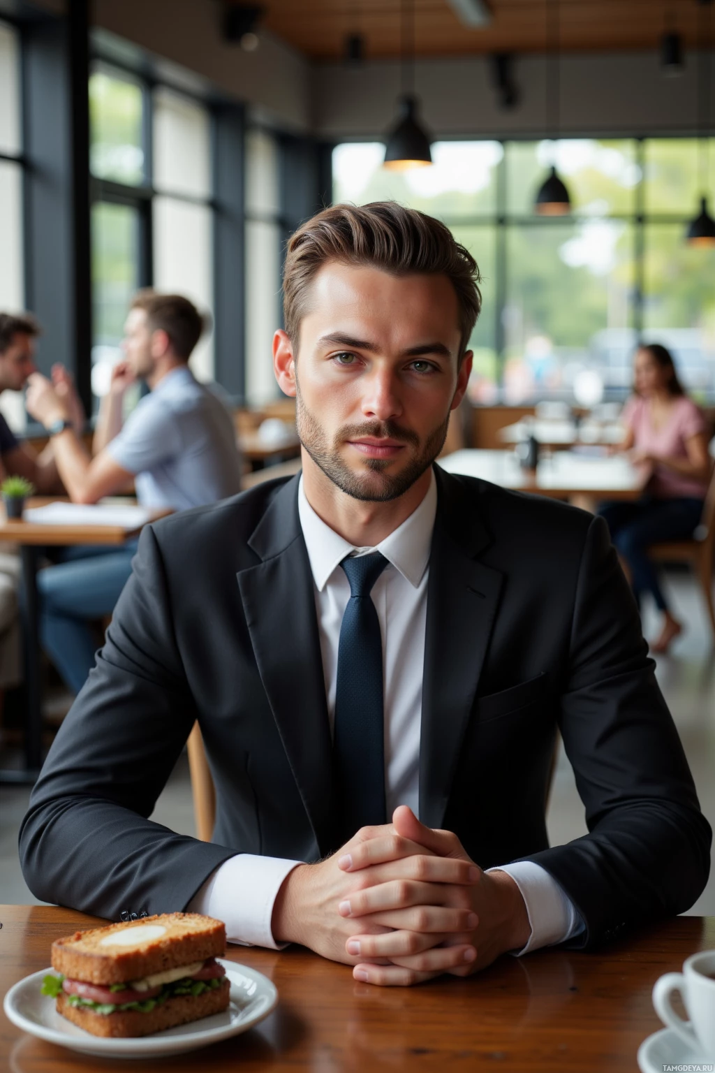 A man in a suit sits at a table in a café, with a sandwich and coffee in front of him.