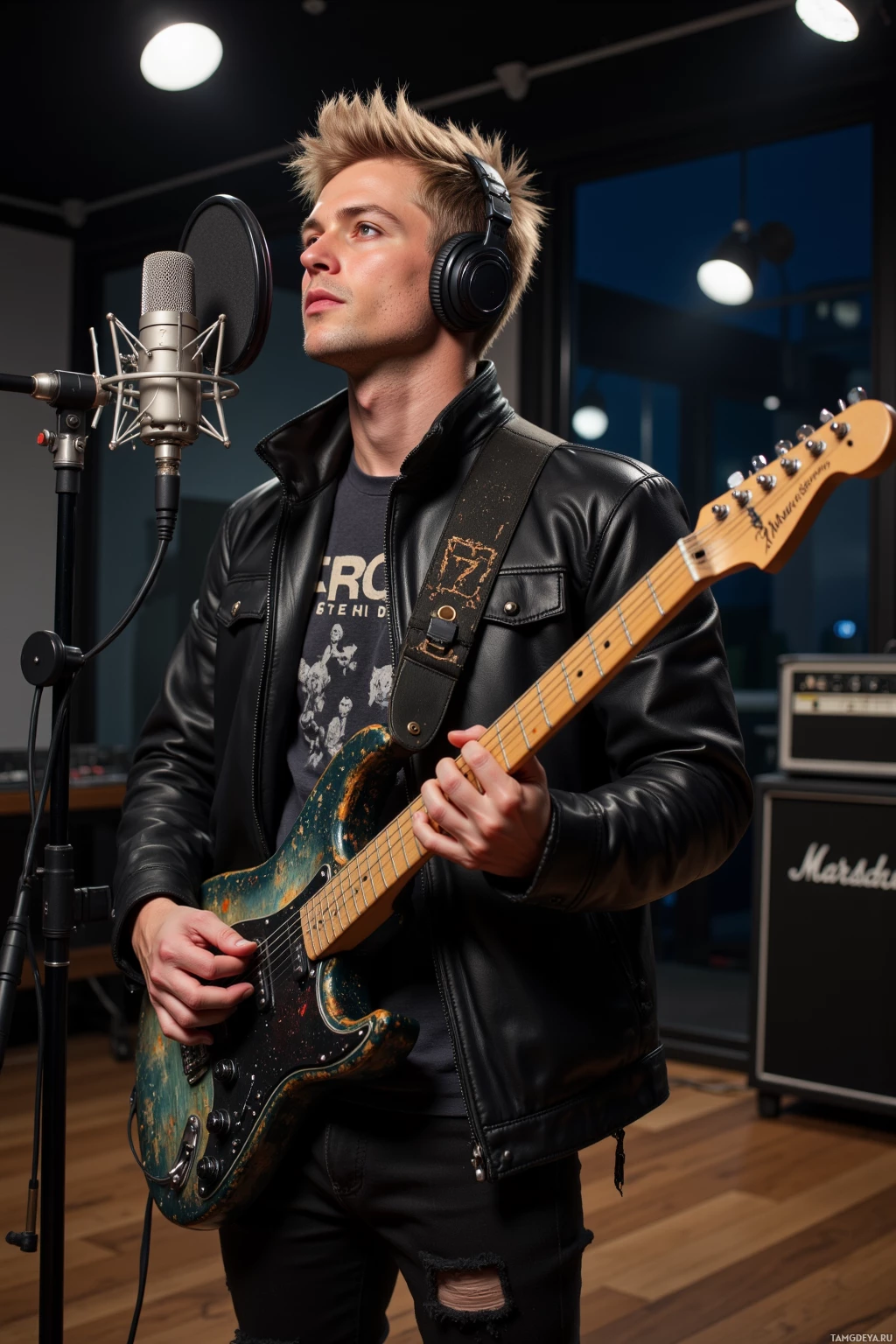 A person wearing headphones and a leather jacket plays an electric guitar in a recording studio.