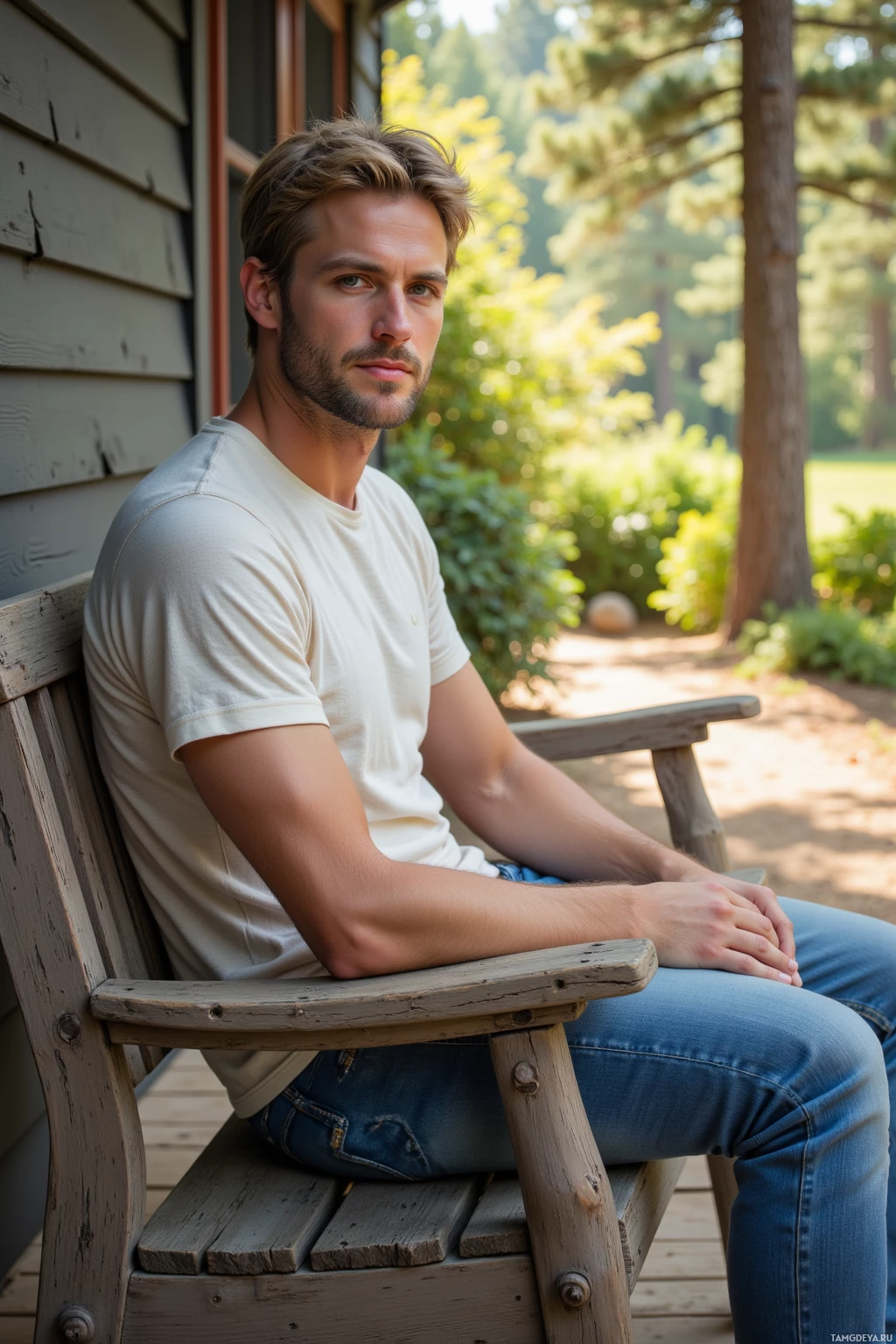 A man sits on a wooden bench outdoors, wearing a white t-shirt and jeans, with a natural background.