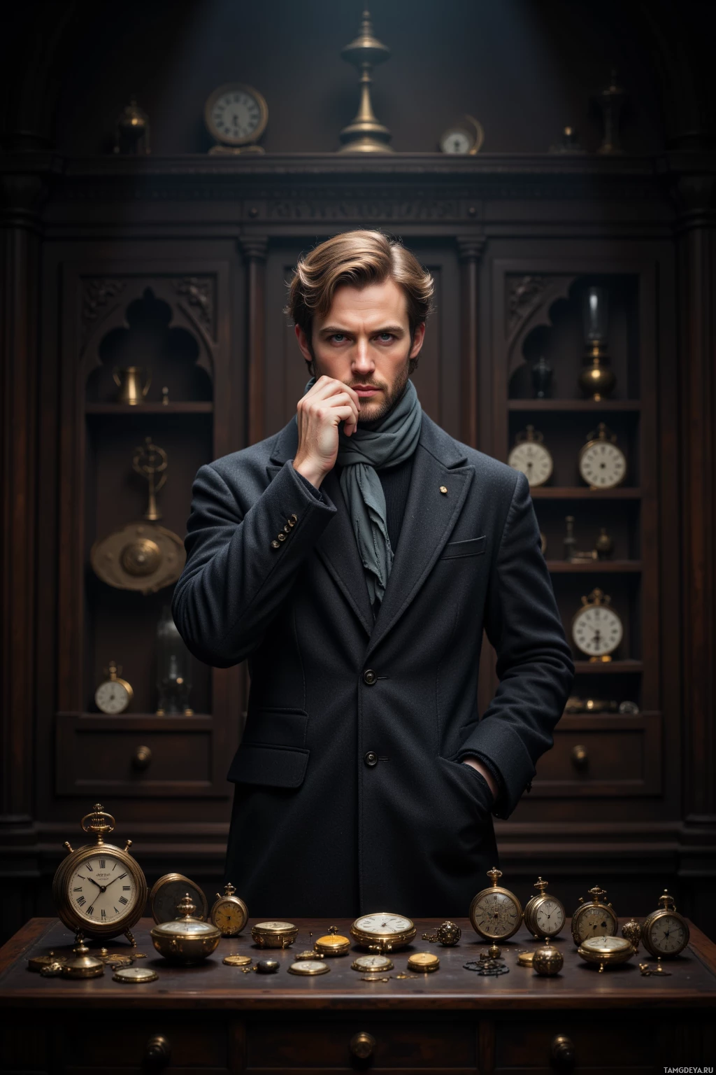 A man in a formal suit stands in front of a cabinet filled with antique clocks.