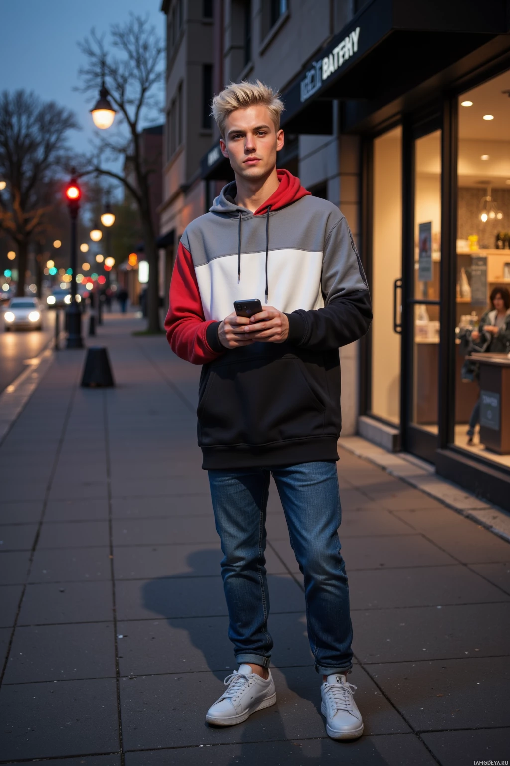 A young man stands on a city sidewalk at dusk, holding a phone.