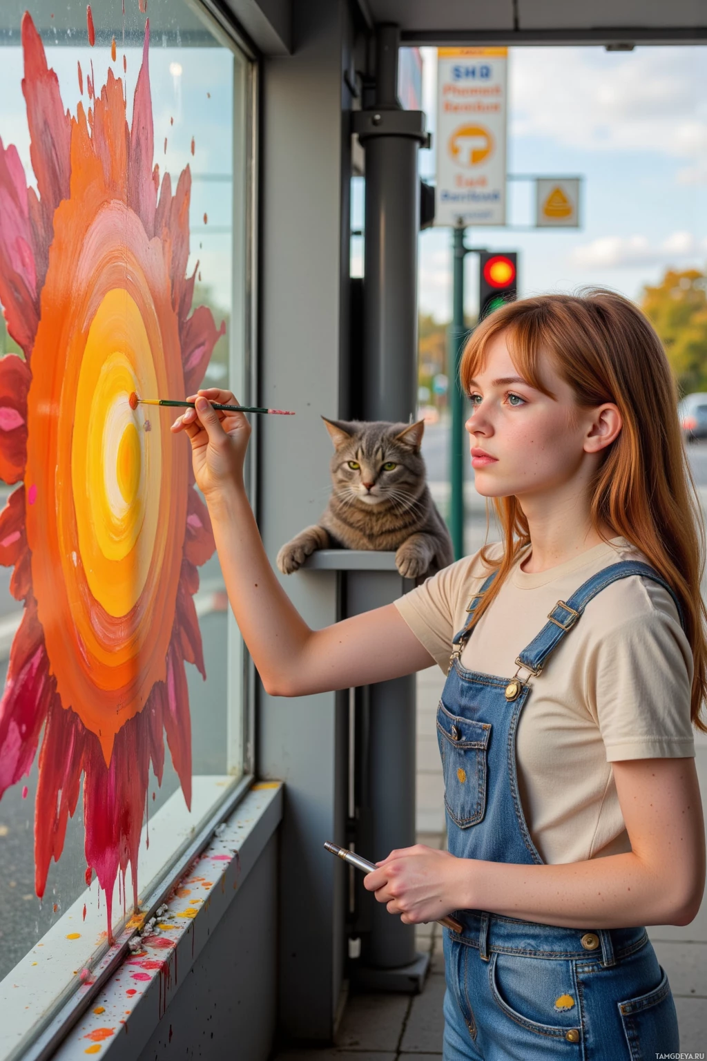 A person paints a vibrant flower on a window with a cat observing nearby.