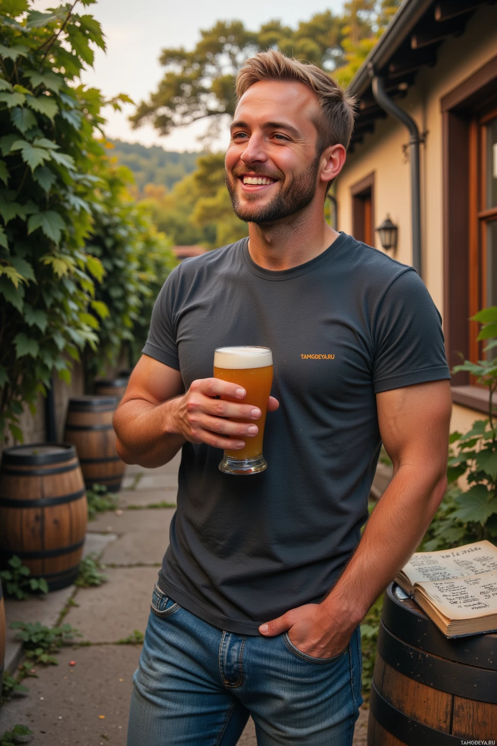 A man in a casual outfit holds a glass of beer, standing outdoors near a building and barrels.