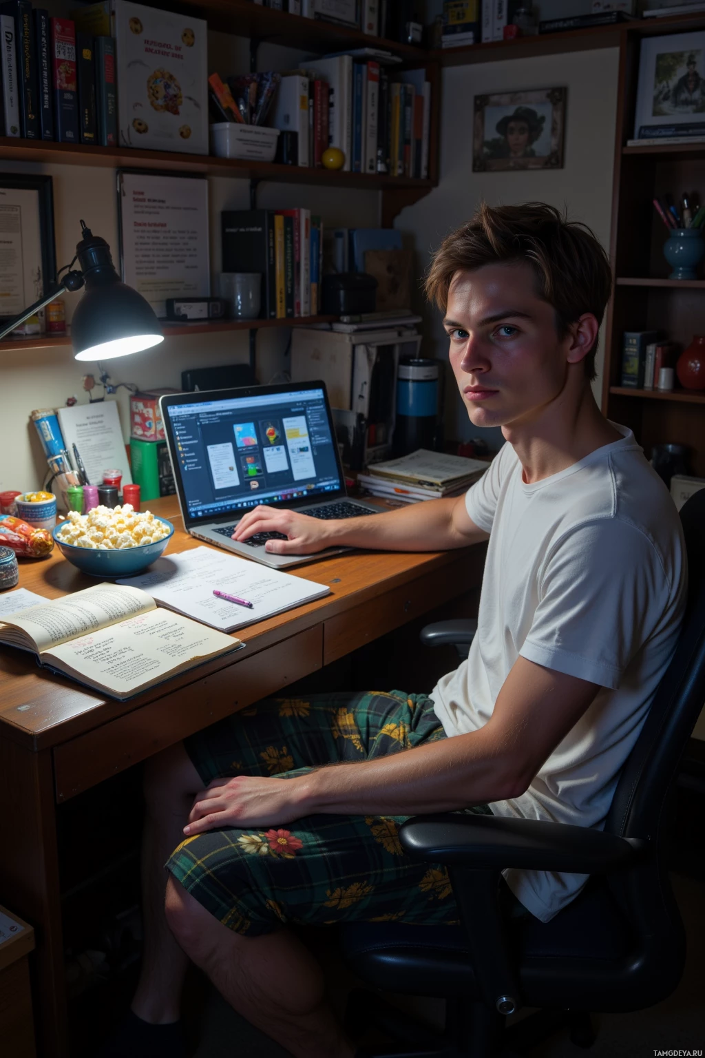 A person sits at a desk with a laptop, books, and snacks, in a cozy home office setting.