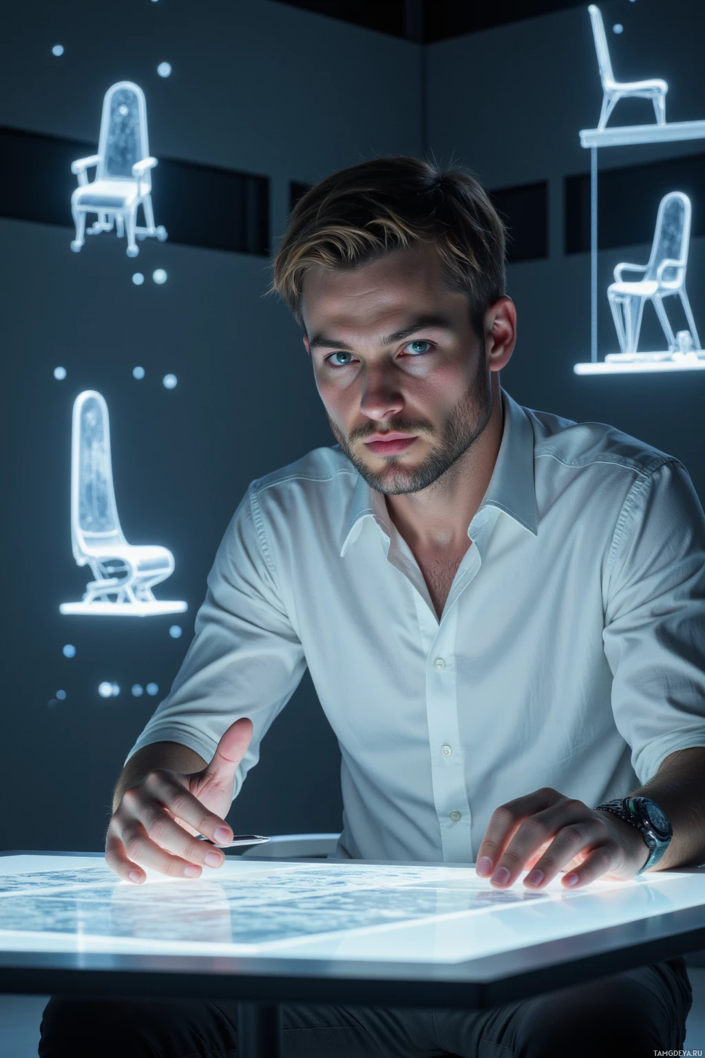 A man in a white shirt sits at a table with a glowing surface, surrounded by illuminated chair designs.