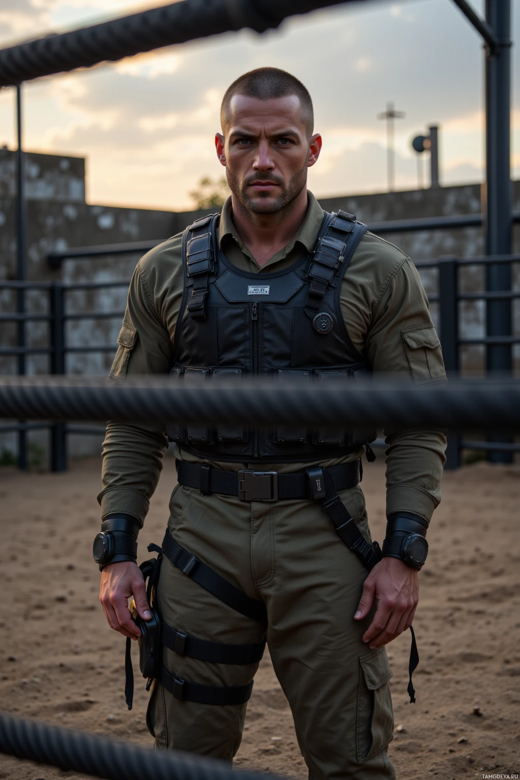 A person in tactical military attire stands outdoors.