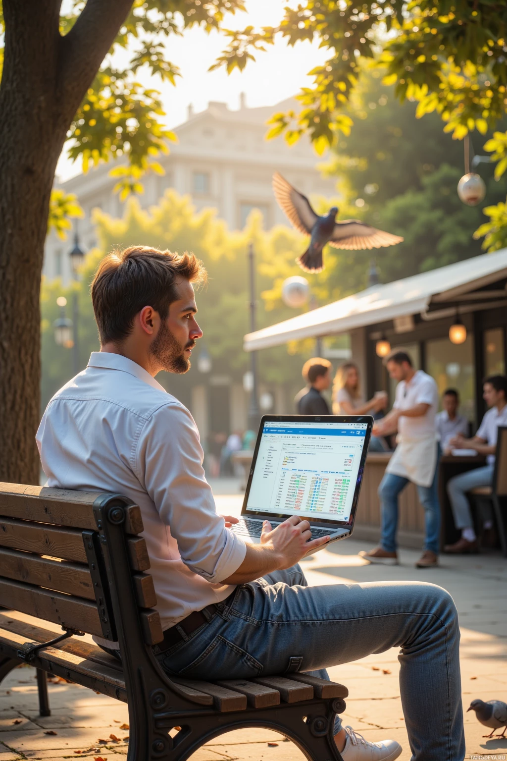 A man sits on a bench in a park, using a laptop with a bird flying nearby.