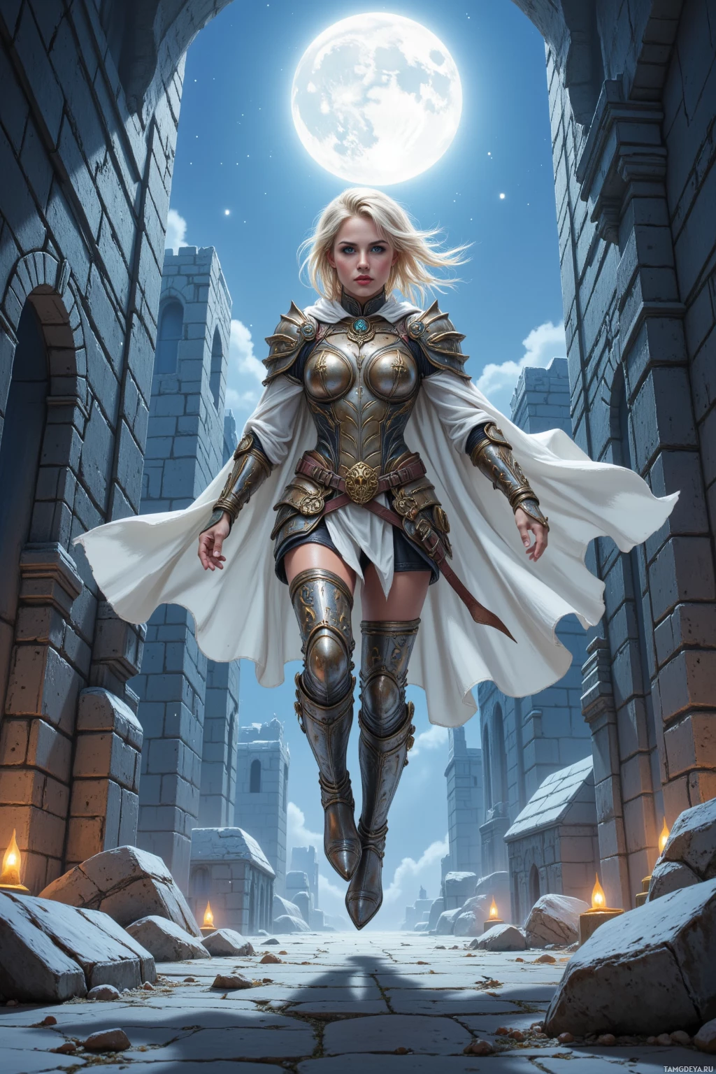 A warrior in ornate armor stands in a moonlit, ancient stone courtyard.