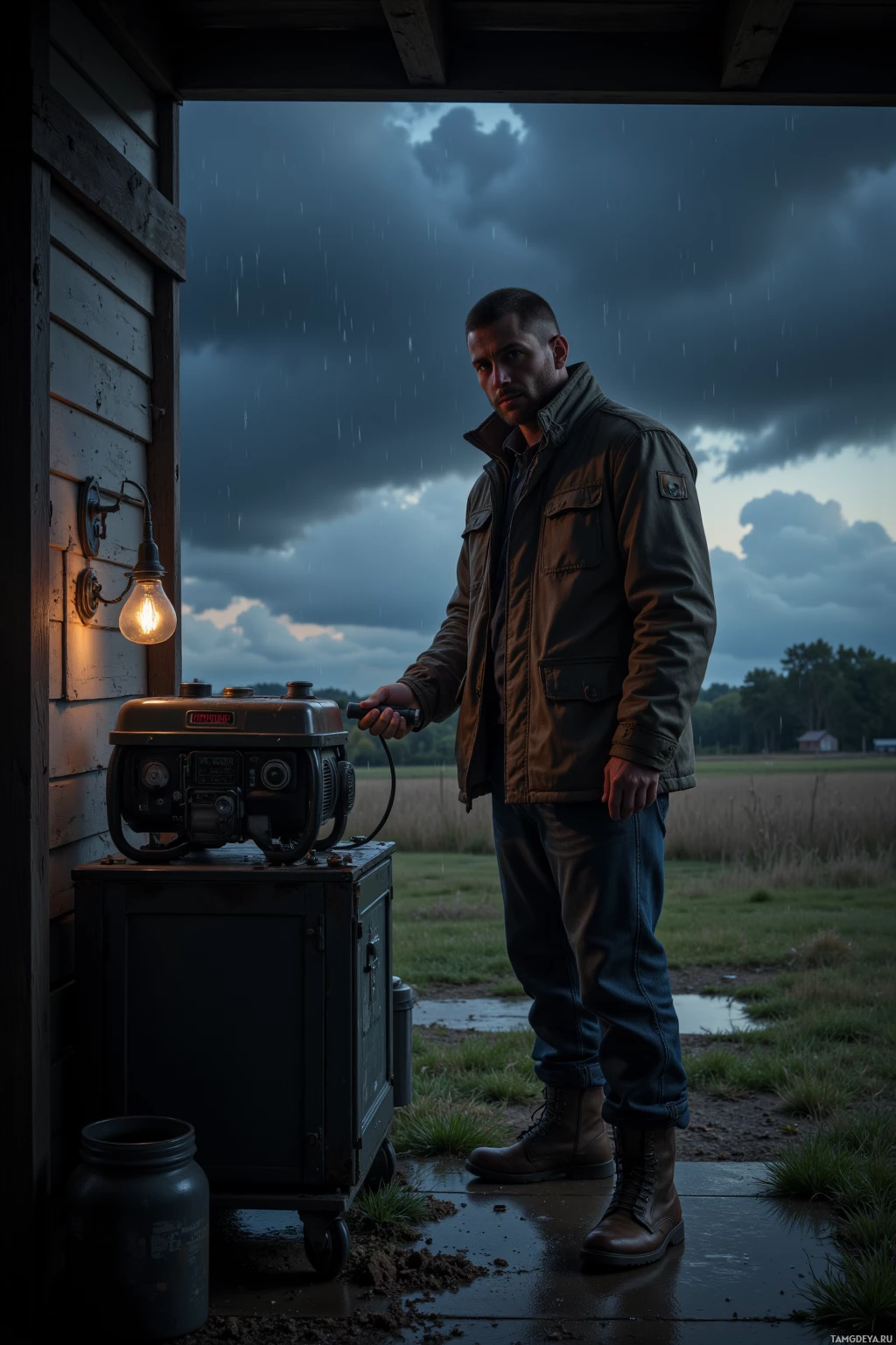 A man stands outside in the rain, holding a generator, with a rustic setting and a light fixture on the wall.