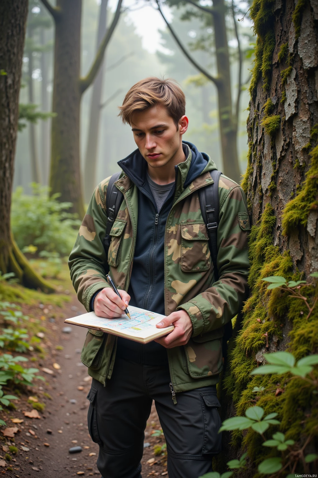 A person in a camouflage jacket and backpack writes in a notebook in a forest.
