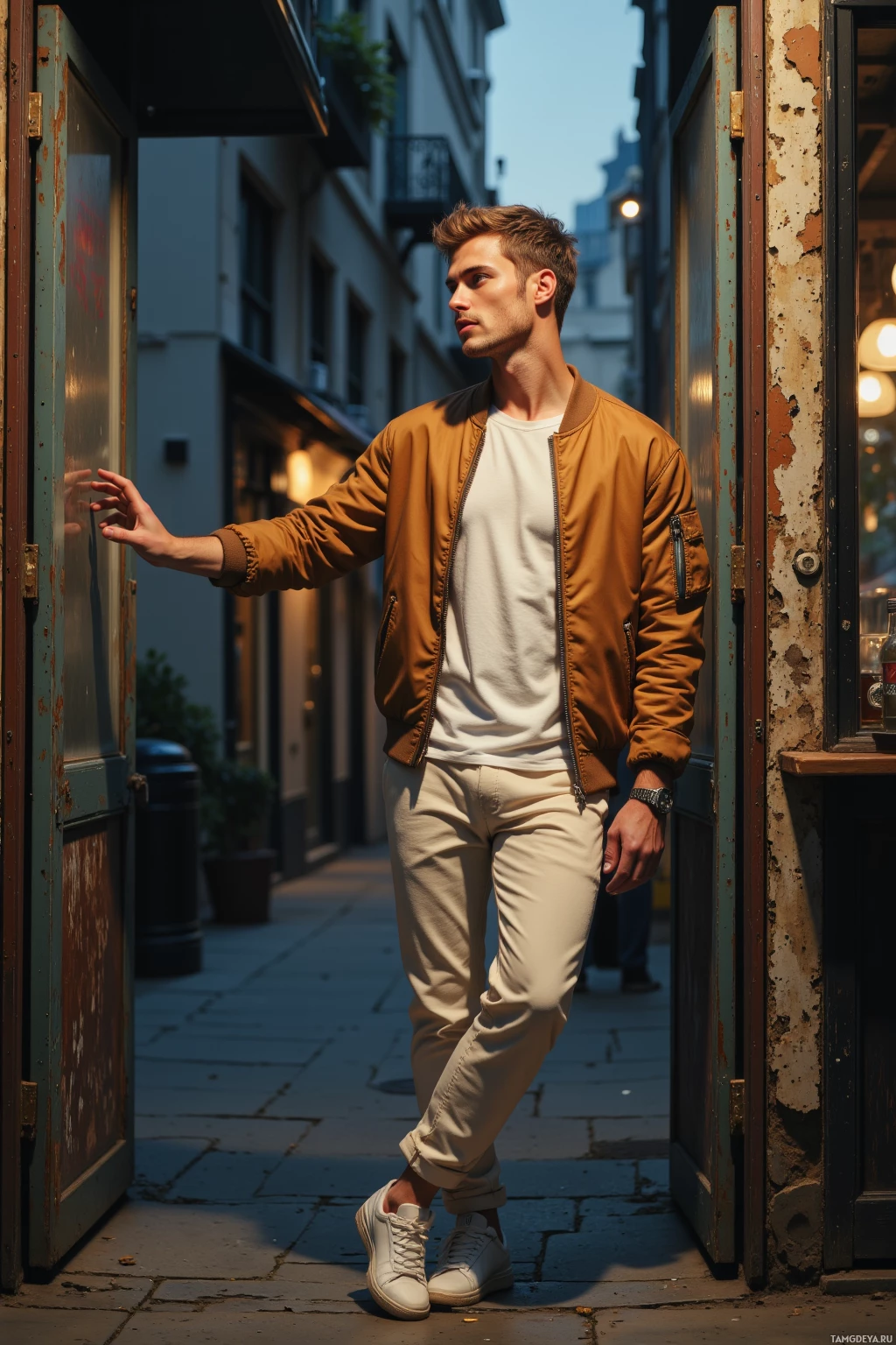 A man in a brown jacket and white sneakers stands in an alleyway, leaning against a door.