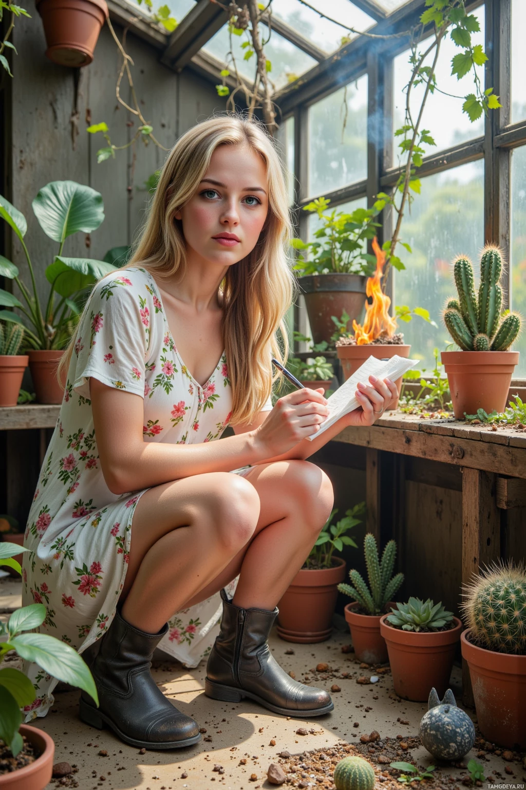 A woman in a floral dress sits in a greenhouse, writing in a notebook.