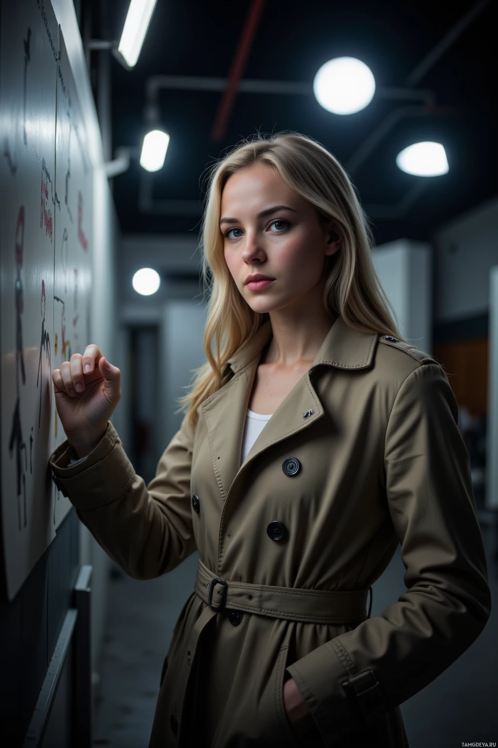 A woman in a trench coat stands in a dimly lit hallway, pointing at a whiteboard.