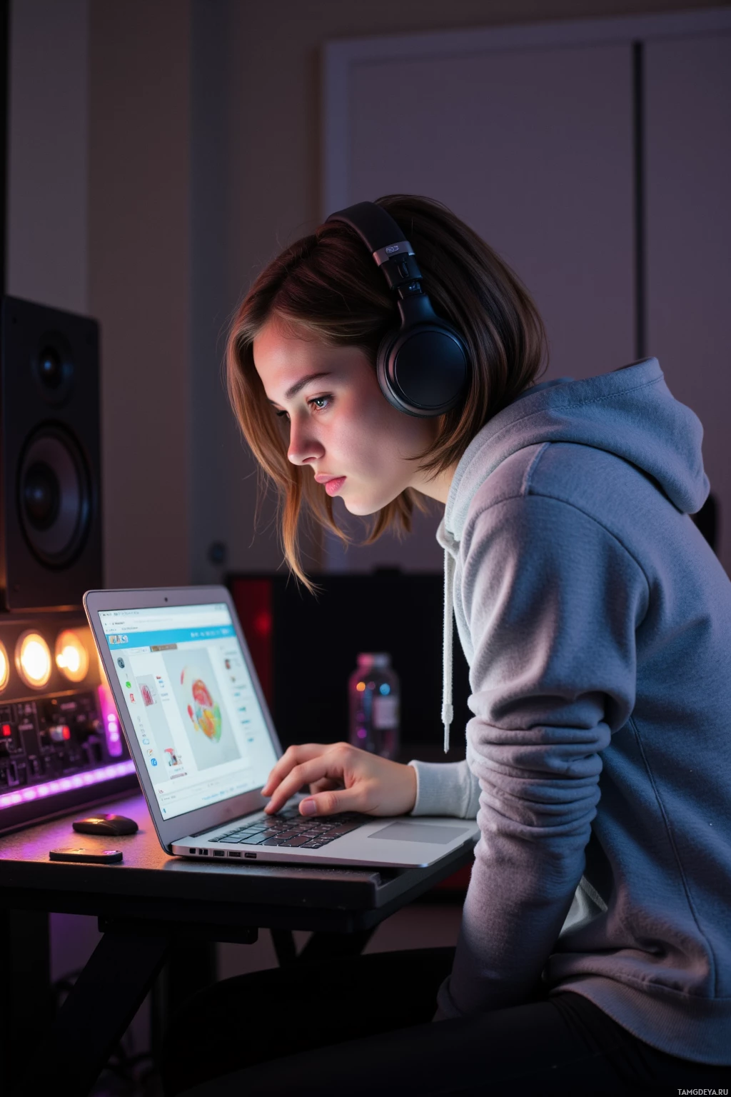 A person wearing headphones works on a laptop in a dimly lit room.