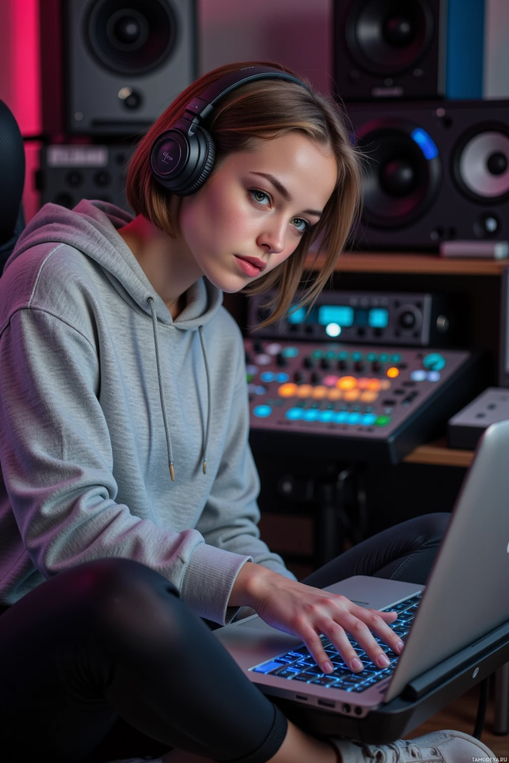 A person wearing headphones sits in a studio, working on a laptop.