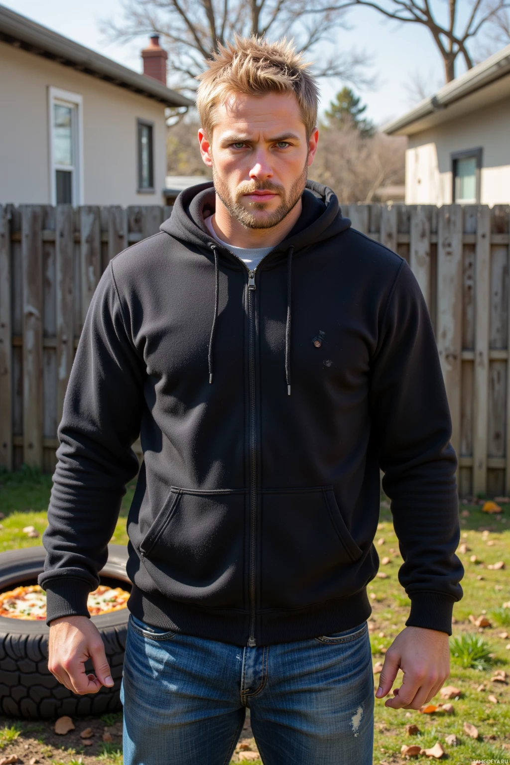 A man in a black hoodie and jeans stands outdoors in a backyard.