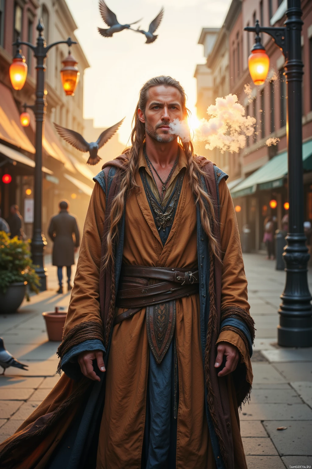 A man in a long brown robe stands on a street at sunset, with pigeons flying around him.