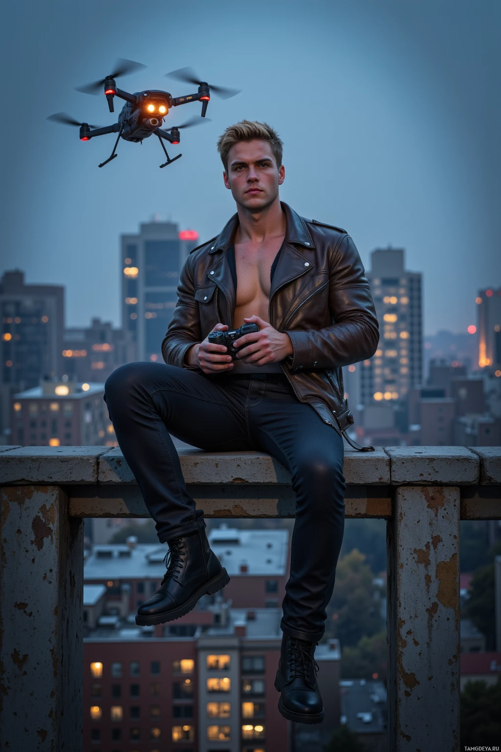 A man in a leather jacket sits on a rooftop ledge, holding a drone controller, with a cityscape in the background.