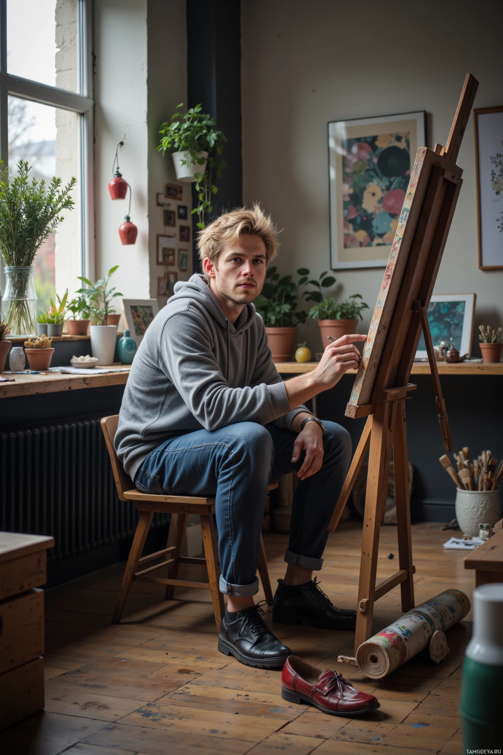 A person sits in a studio, painting on an easel.