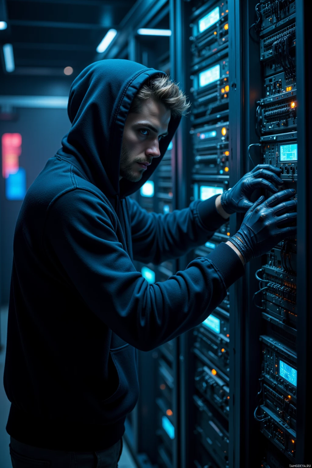A person in a hoodie and gloves works on a server in a dimly lit room.