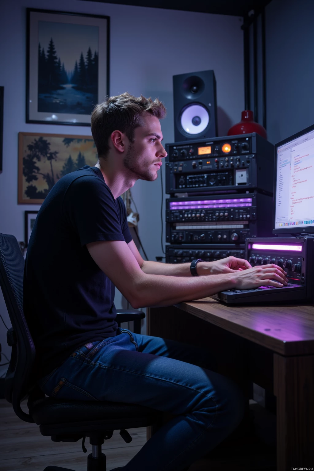 A person is seated at a desk in a dimly lit room, working on a computer with audio equipment in the background.