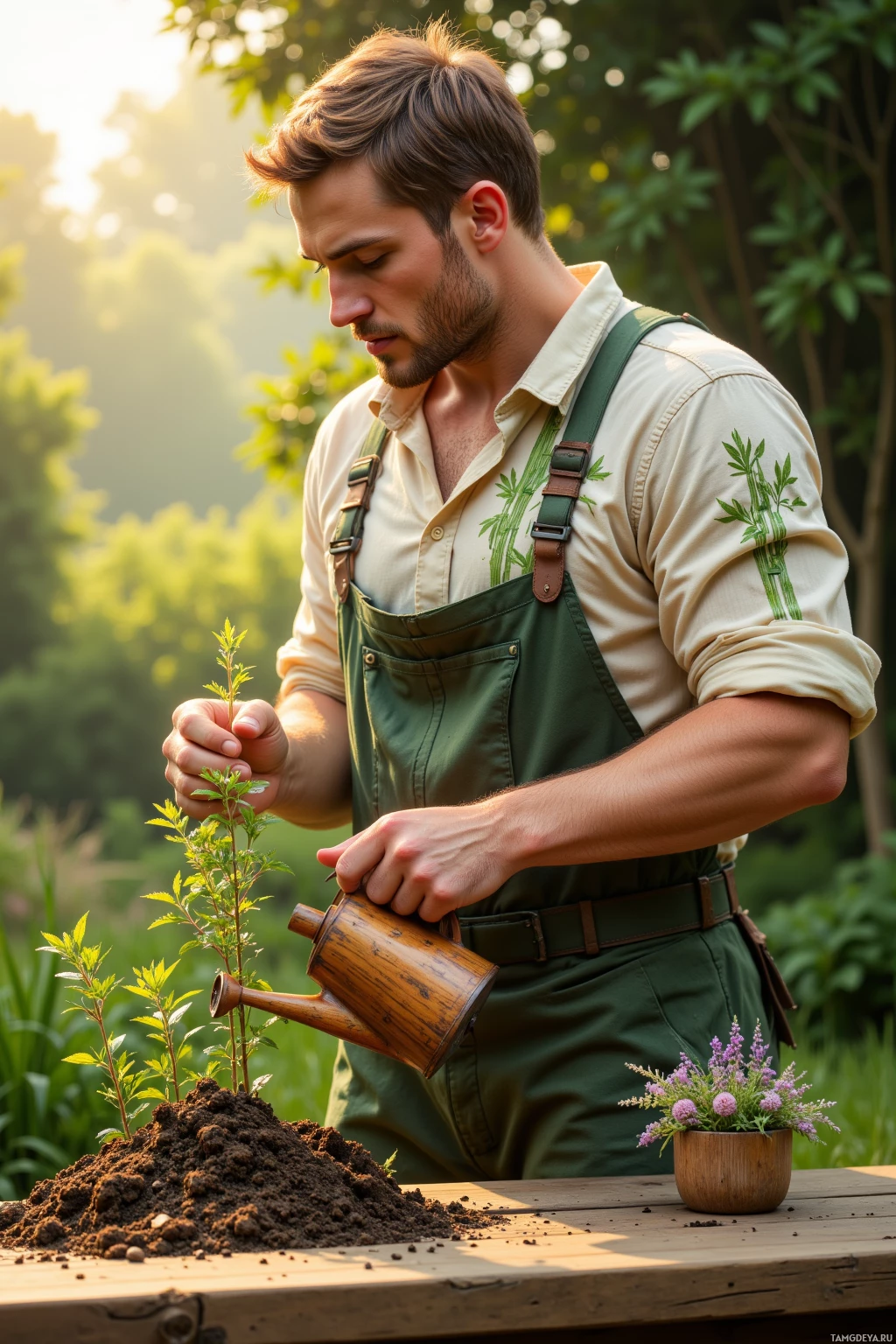 A man in gardening attire waters a small plant in a garden setting.