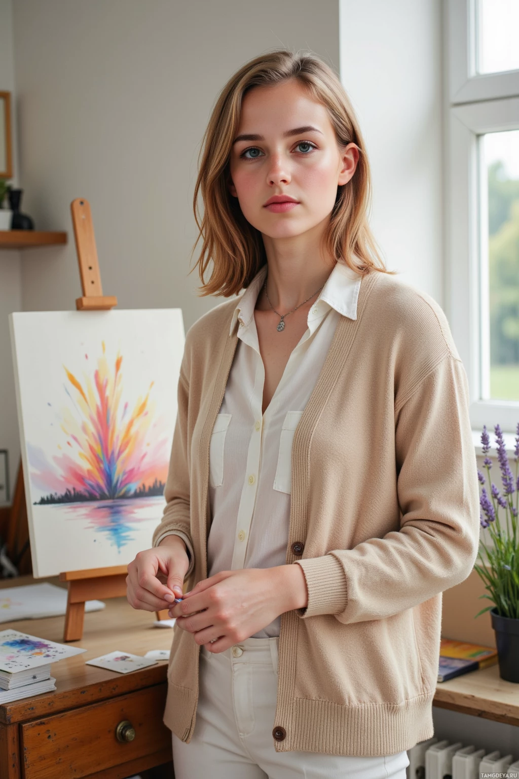 A person stands in a room with a painting and a window in the background.