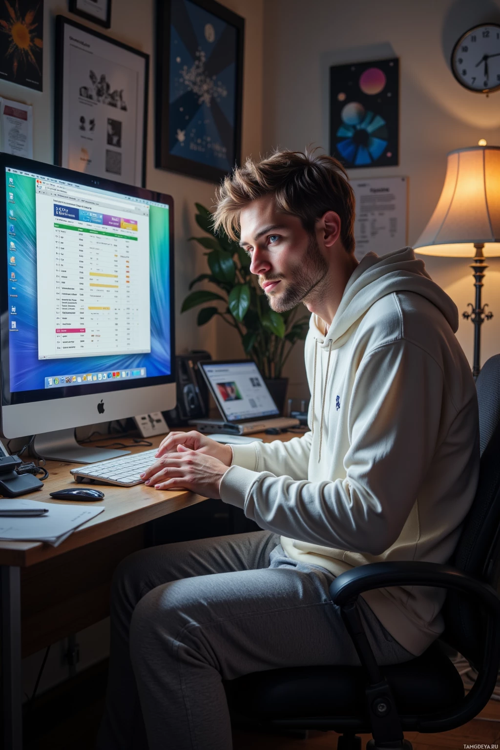 A person is sitting at a desk working on a computer in a cozy room.