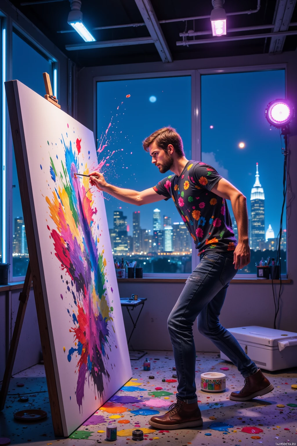 A man paints a vibrant abstract artwork in a studio with a cityscape view.