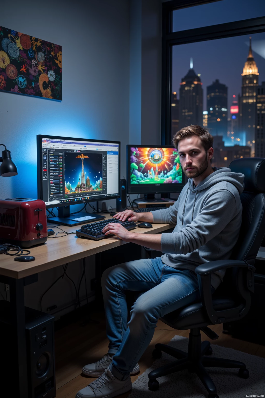 A person sits at a desk in a dimly lit room with a cityscape view, working on a computer.