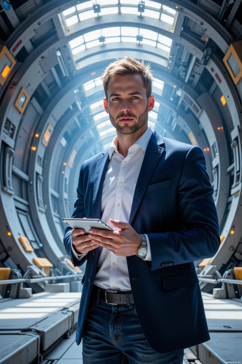 A man in a suit holding a tablet stands in a futuristic tunnel.