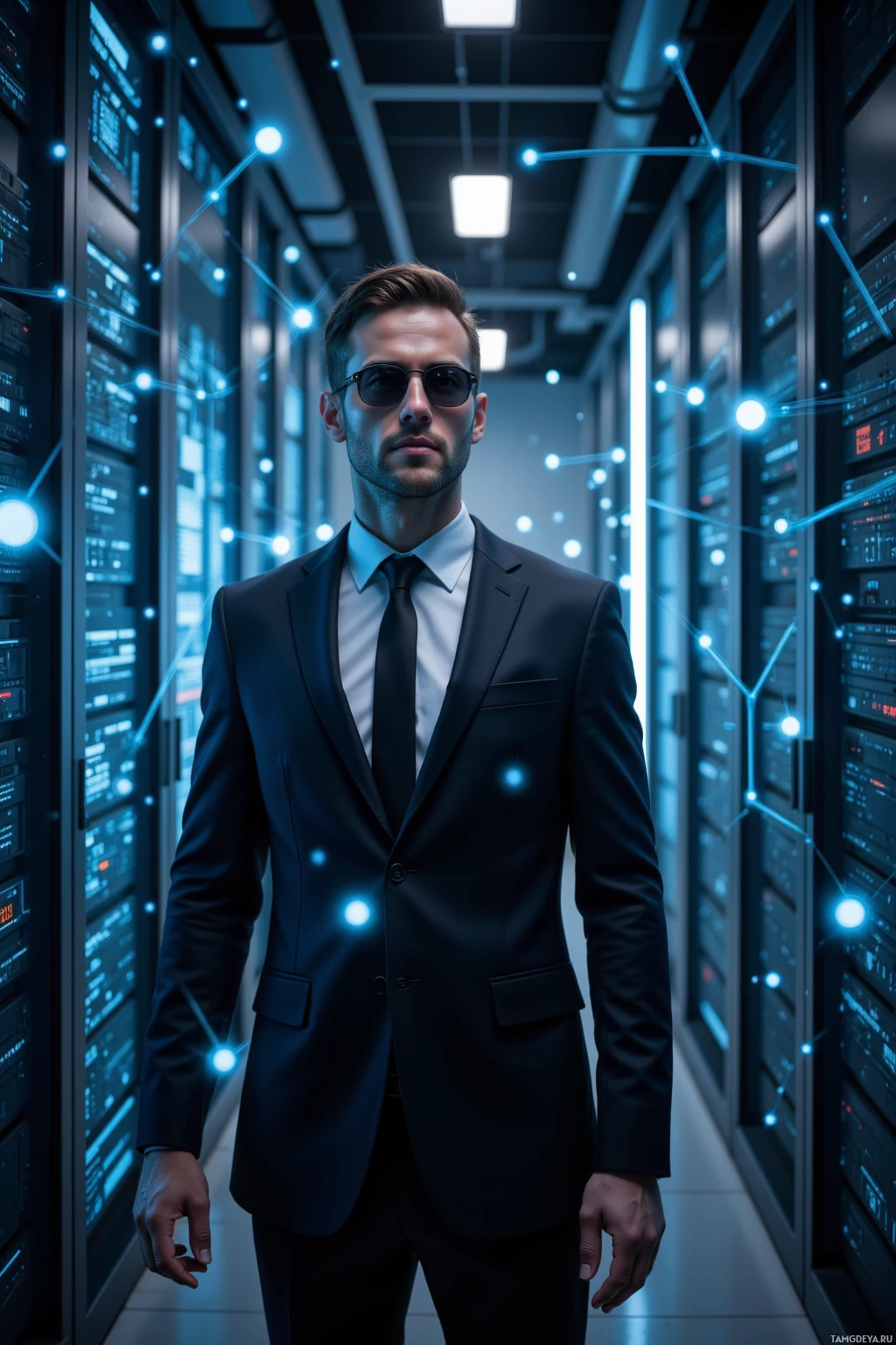 A man in a suit stands in a server room with glowing lights.