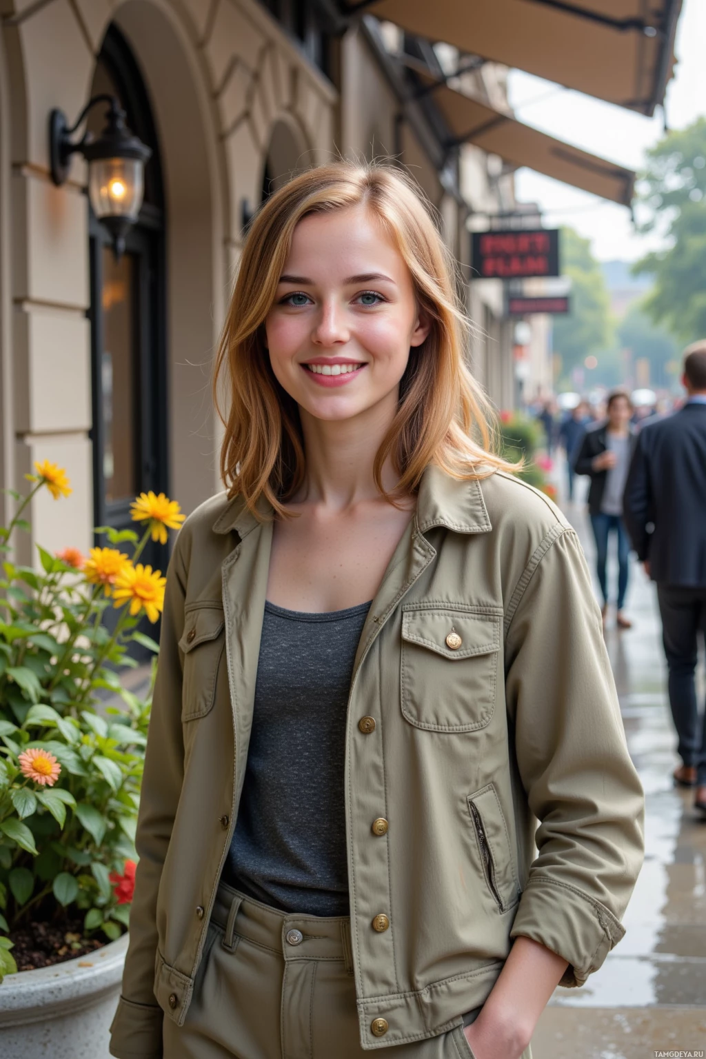 A person stands outdoors in a casual outfit, smiling, with a flower bed and buildings in the background.