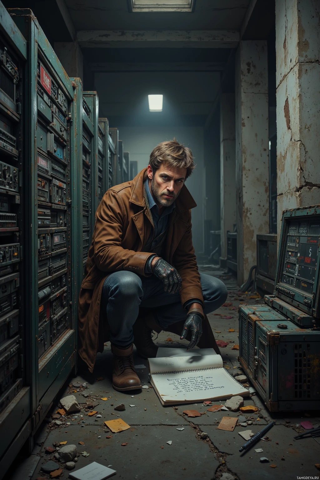 A man in a brown coat crouches in a dimly lit, dilapidated room, examining a notebook on the floor.